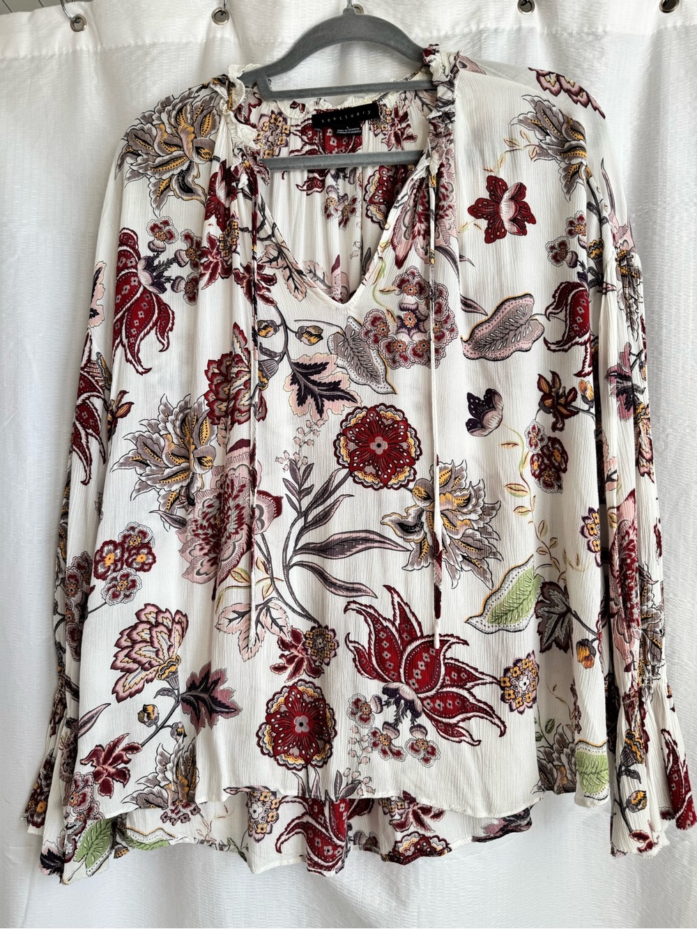 Sanctuary Floral Tie-Neck Blouse with Burgundy Floral Print